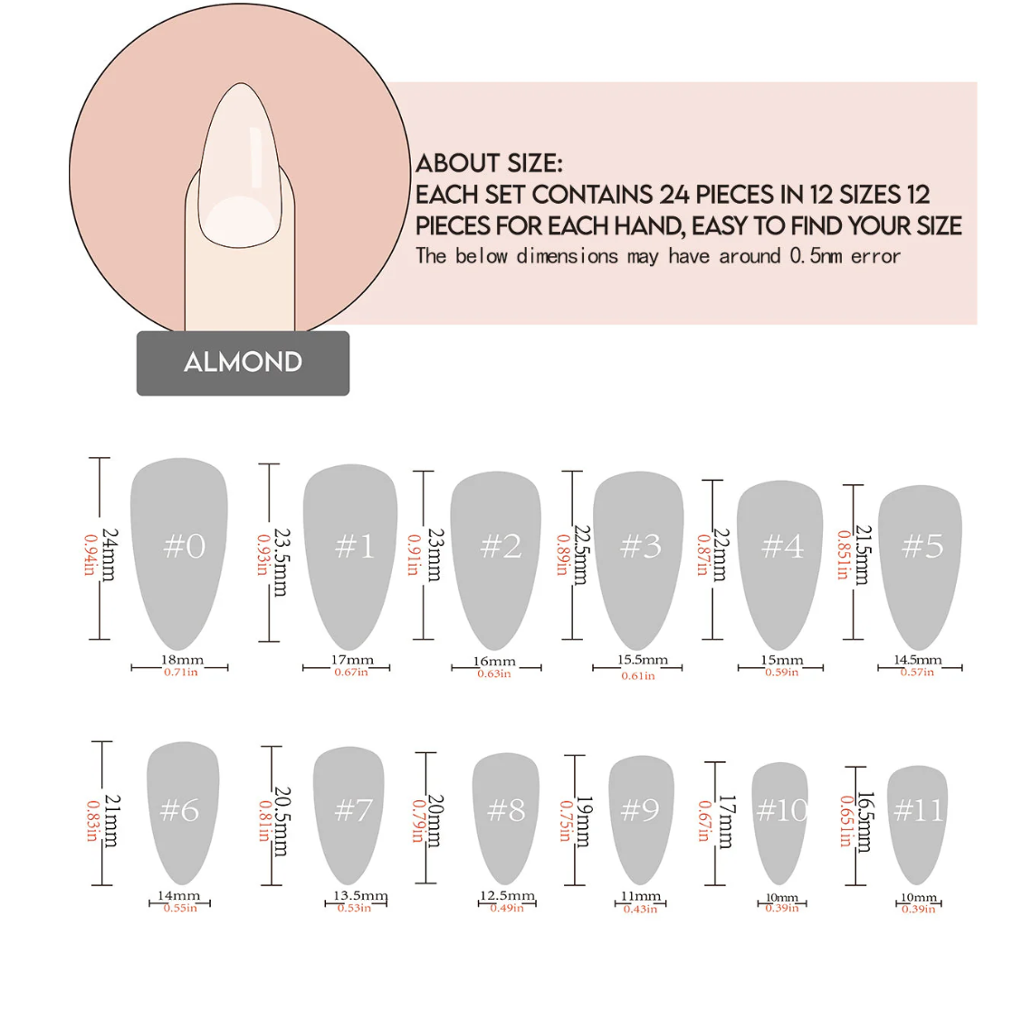 24pcs/Set Medium White Almond Press On Nails