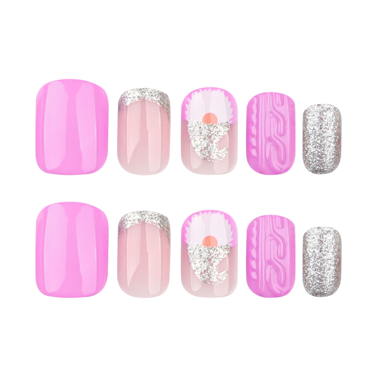 24pcs/Set 3D Christmas Hat Silver Glitter Pattern Short Square Press On Nails