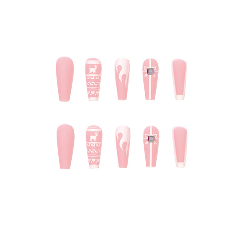 24pcs/Set Reindeer Pink-White Christmas Bow Long Coffin Press On Nails