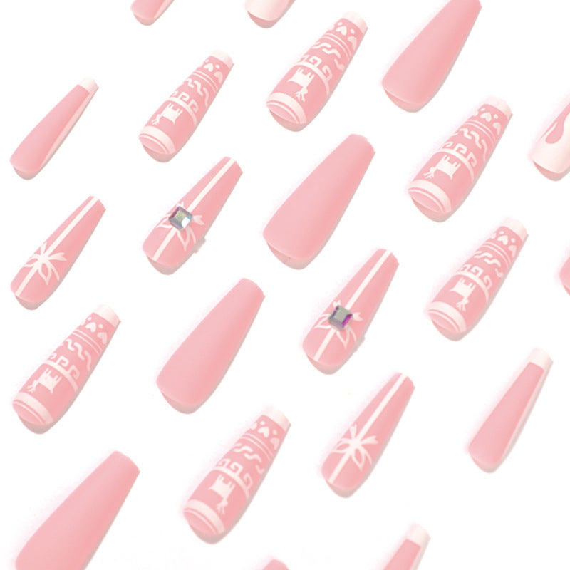 24pcs/Set Reindeer Pink-White Christmas Bow Long Coffin Press On Nails