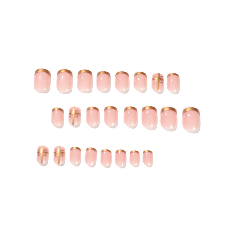 24pcs/Set French Gold Line Bow Short Square Press On Nails