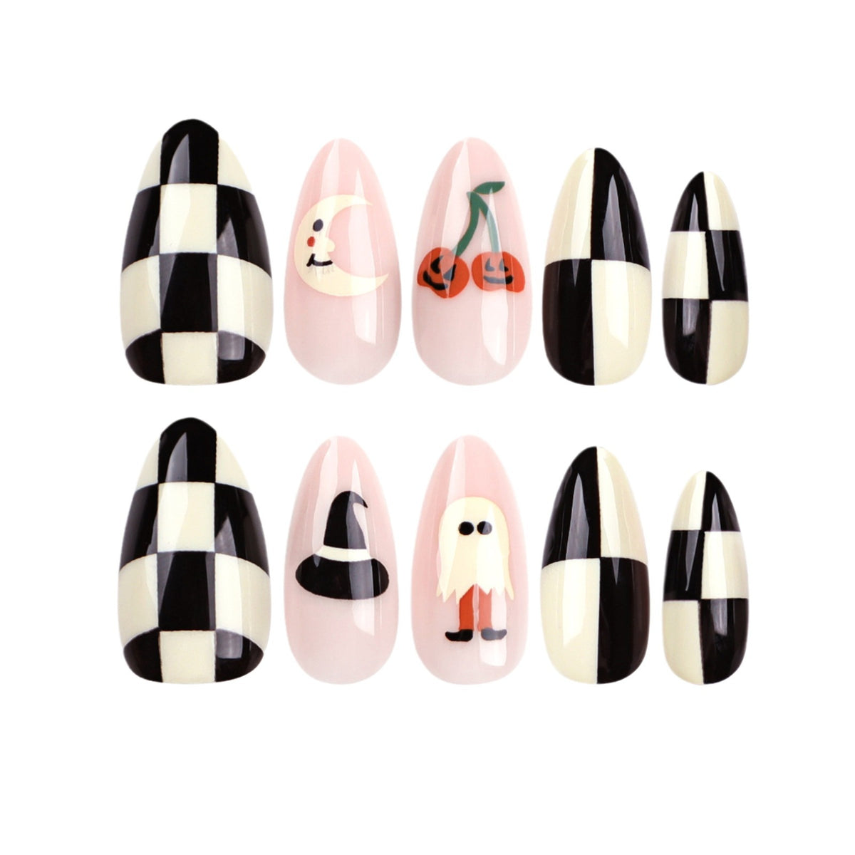24pcs/Set Halloween Checkerboard Pumpkin Moon Medium Almond Press On Nails
