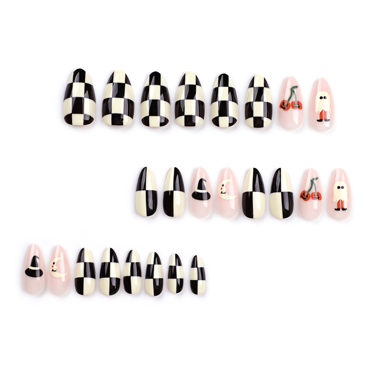 24pcs/Set Halloween Checkerboard Pumpkin Moon Medium Almond Press On Nails