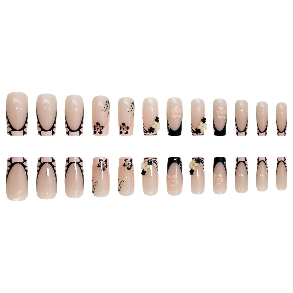 24pcs/Set Pink-Black French Medium Square 3D Floral Press On Nails