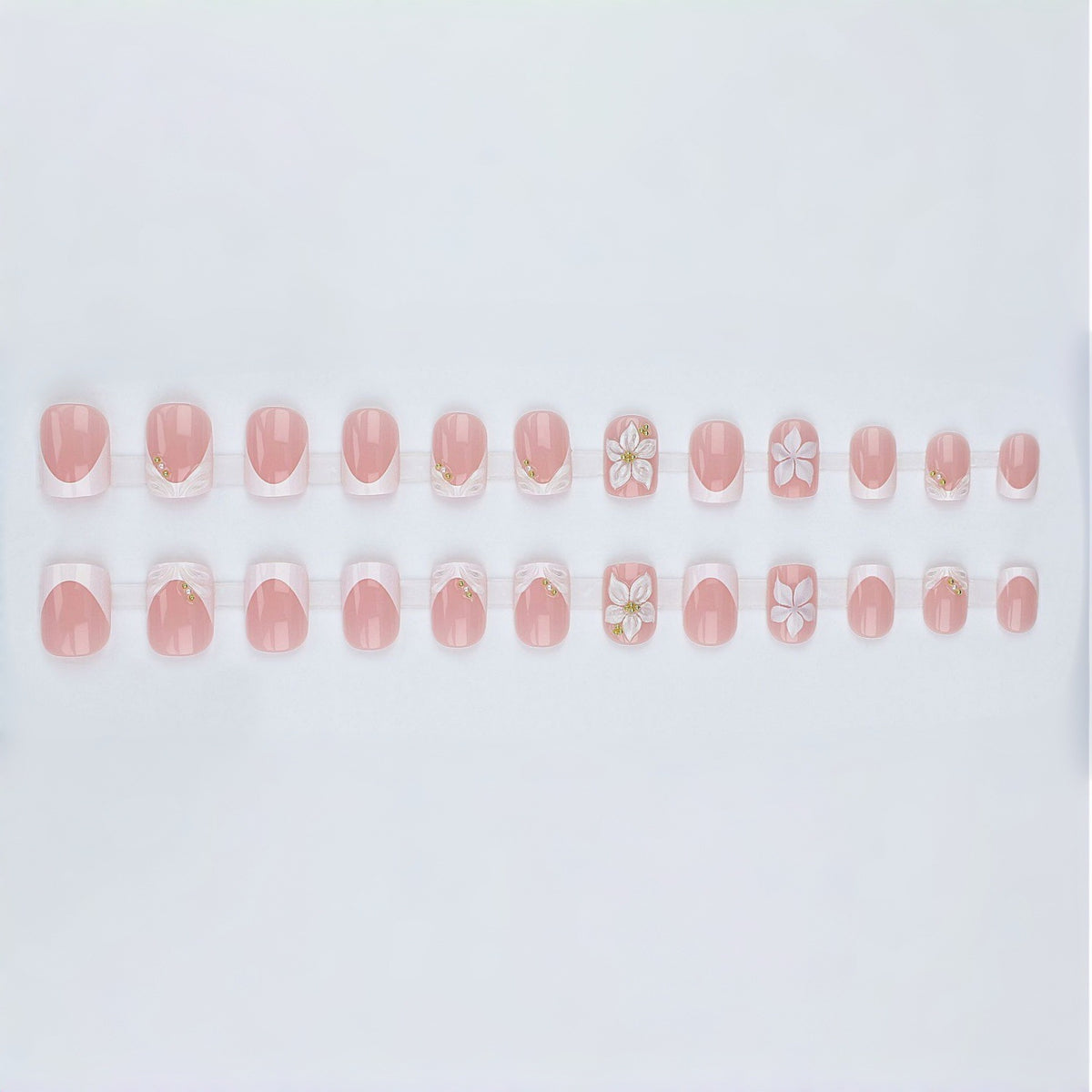 24pcs/Set Short Square White French 3D Floral Press On Nails