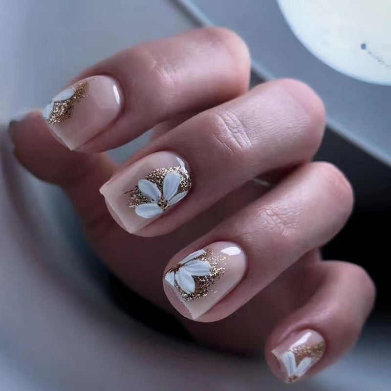 24pcs/Set White Floral Short Square Press On Nails
