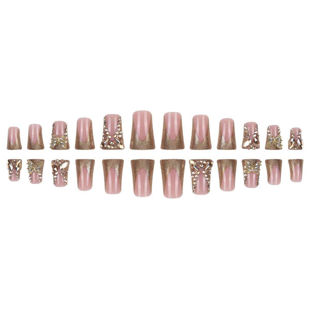 24pcs/Set Duckbill French Tip Gold Rhinestone Butterfly Press On Nails