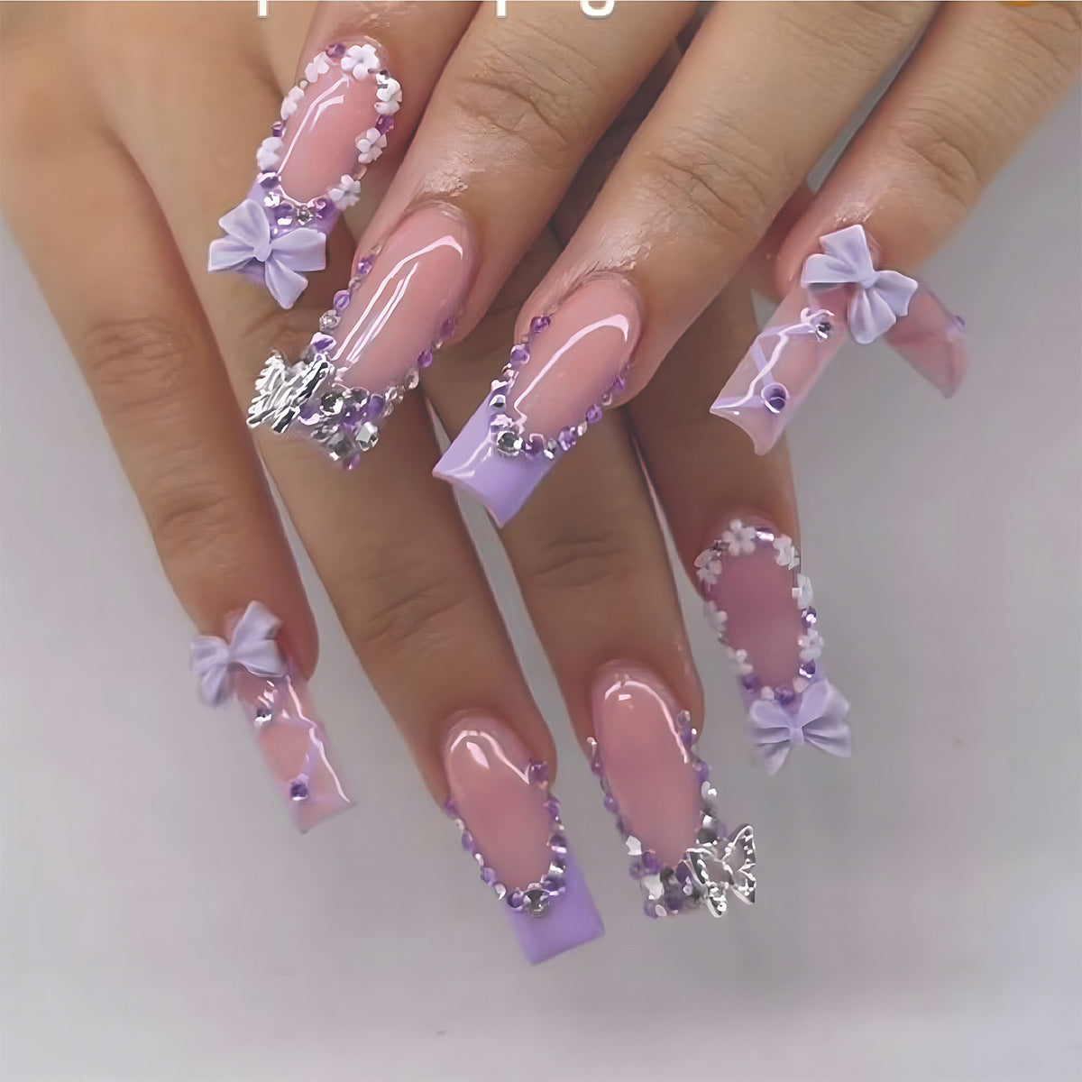 24pcs/Set Tube Flower French Bow Rhinestone Press On Nails
