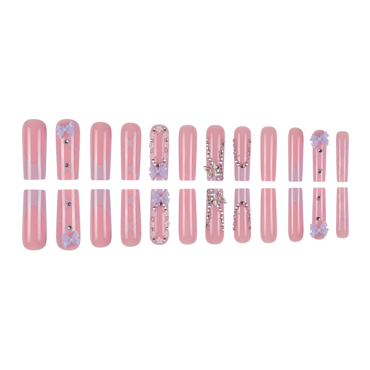 24pcs/Set Tube Flower French Bow Rhinestone Press On Nails