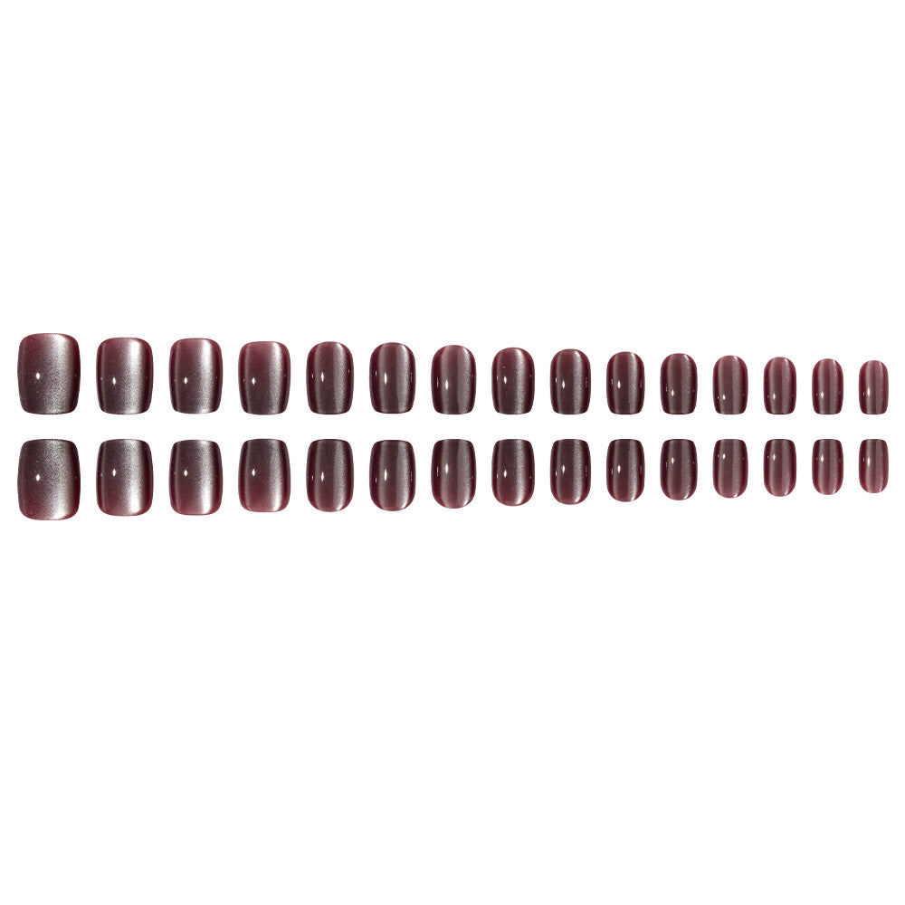 24pcs/Set Red-Brown Cat Eye Short Square Press On Nails