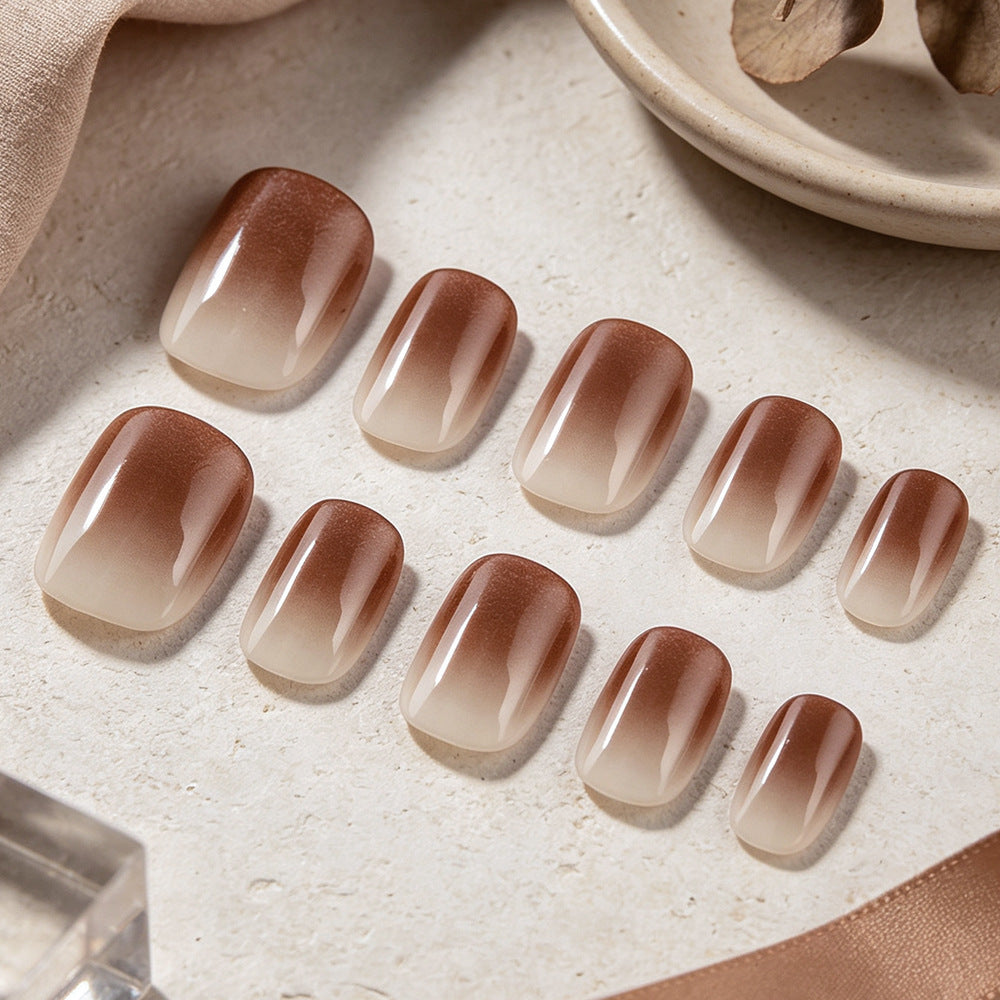 24pcs/Set Coffee White Gradient Short Squoval Press On Nails