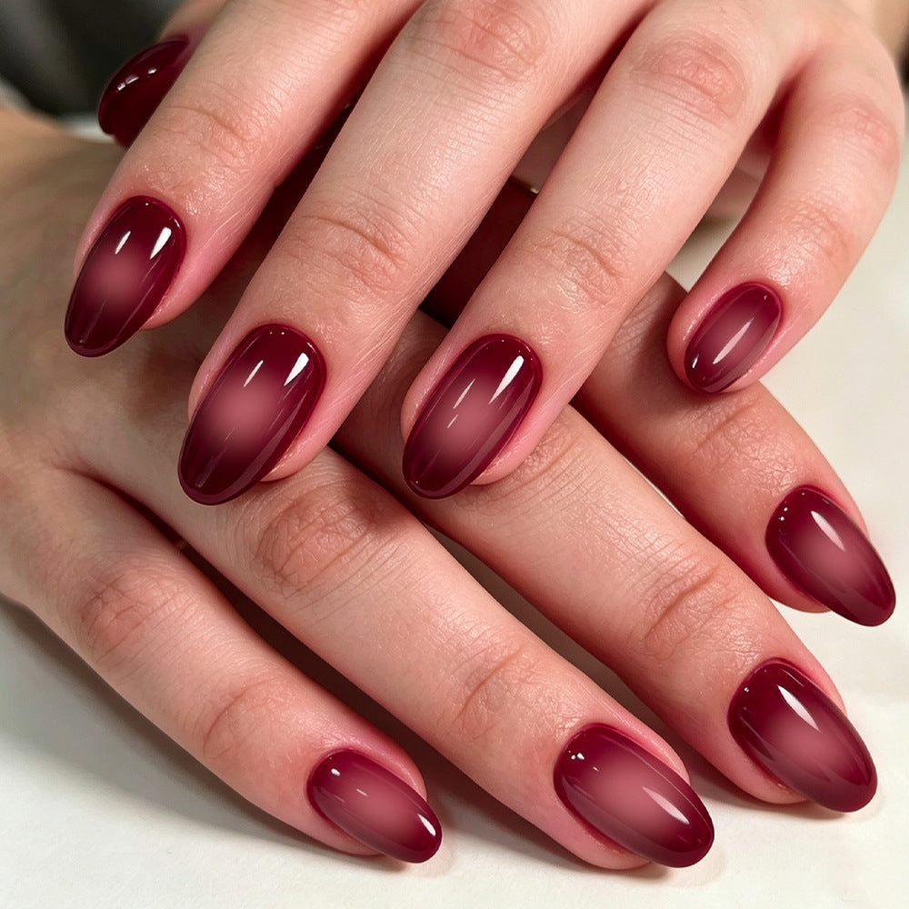 24pcs/Set Burgundy Ombre Gradient Short Squoval Press On Nails