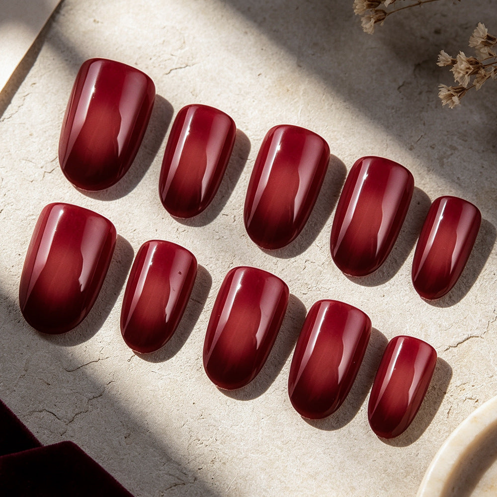 24pcs/Set Burgundy Ombre Gradient Short Squoval Press On Nails