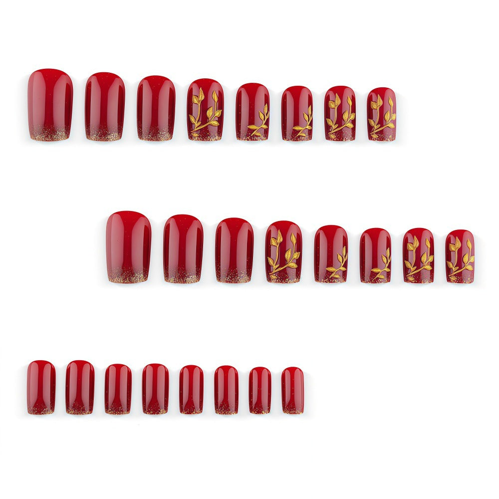 24pcs/Set Red Gold Foil Maple Leaf Short Square Fall Winter Press On Nails