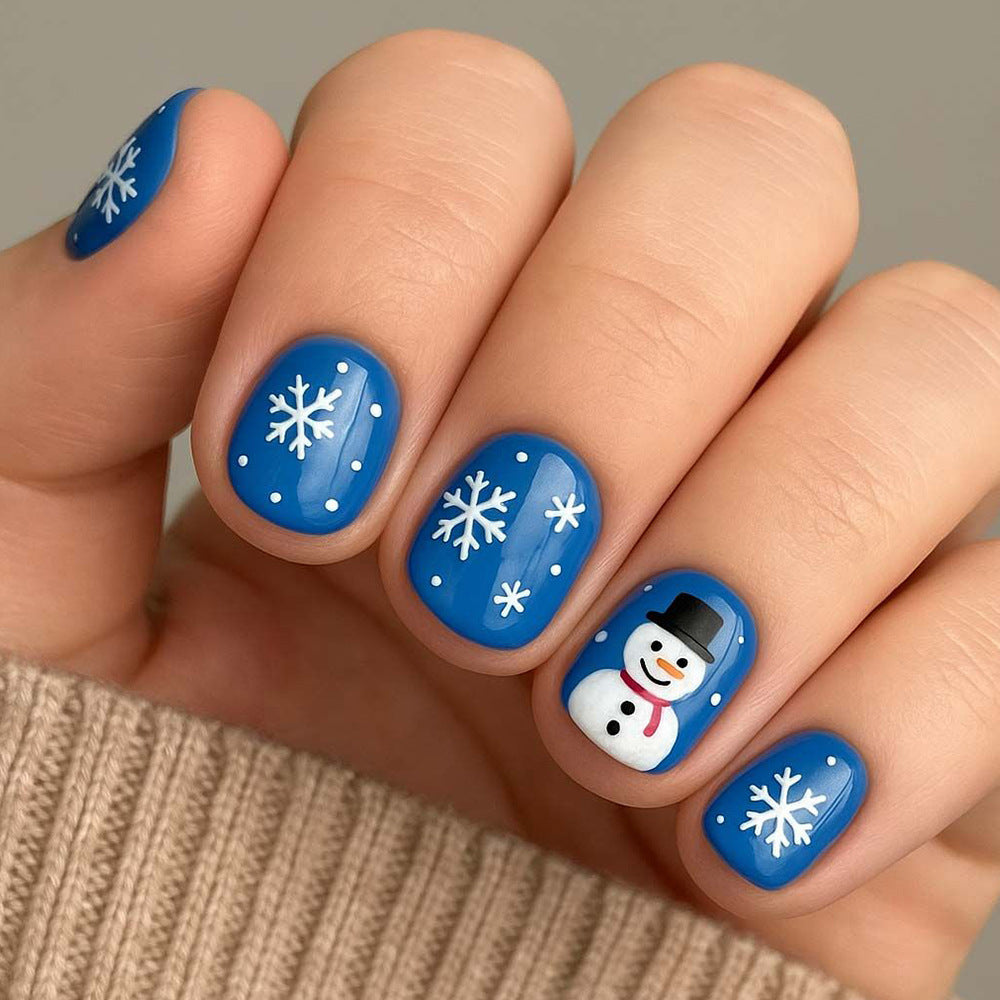 24pcs/Set Christmas Short Snowflake Snowman Blue Press On Nails