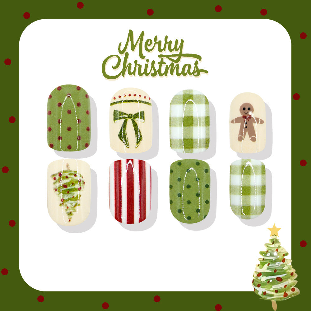 24pcs/Set Christmas Tree Gingerbread Man Plaid Polka Dot Bow Short Square Press On Nails