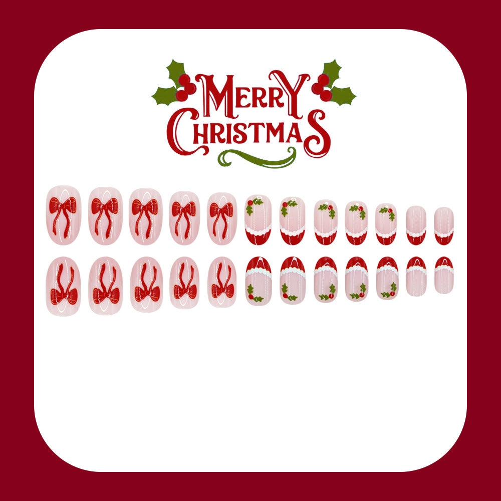 24pcs/Set Red Christmas Hat French Bow Short Oval Press On Nails