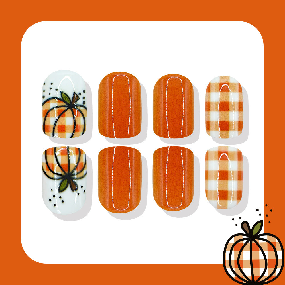 24pcs/Set Fall Thanksgiving Plaid Pumpkin Short Square Press On Nails