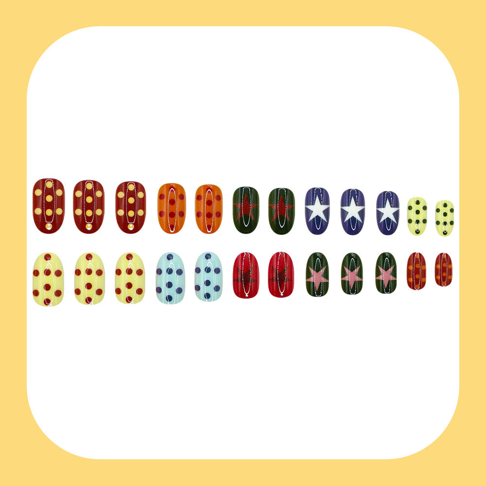 24pcs/Set Star Polka Dot Multicolor Short Oval Press On Nails