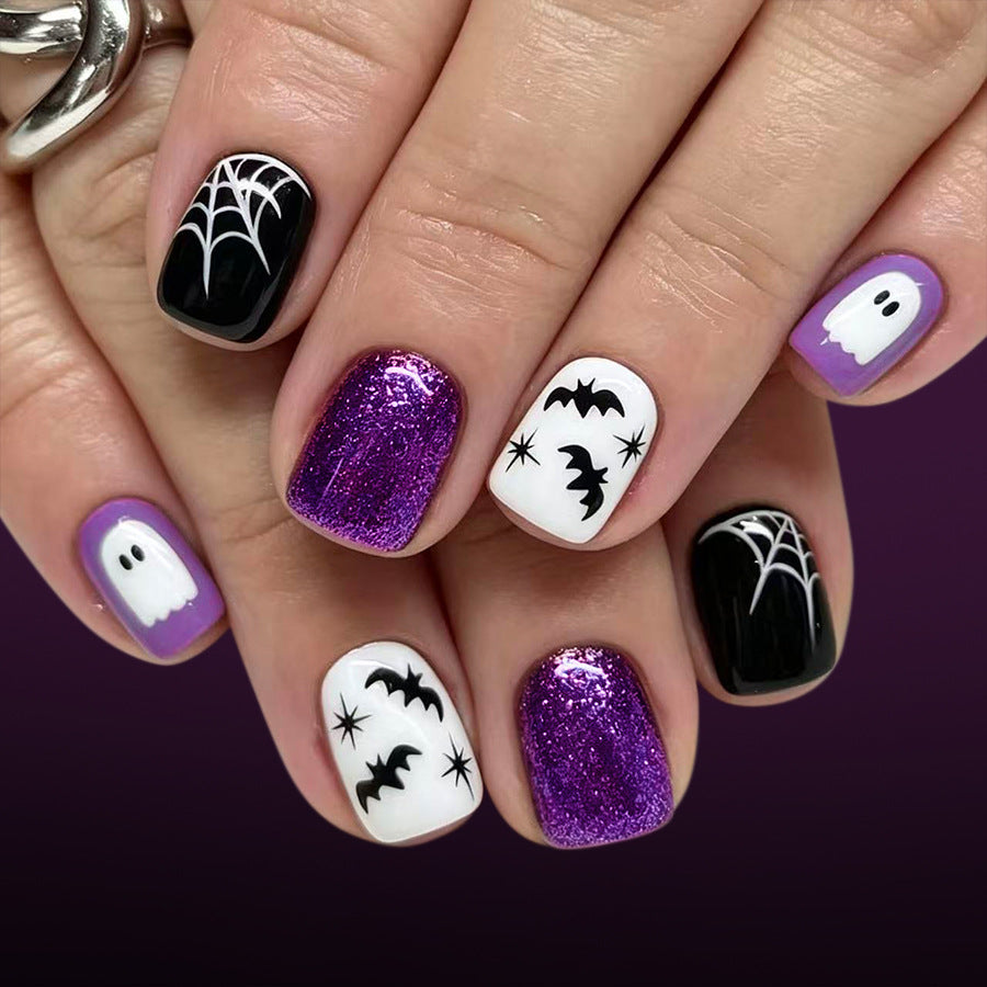 24pcs/Set Short Square Dark Halloween Spider Web Ghost Bat Press On Nails