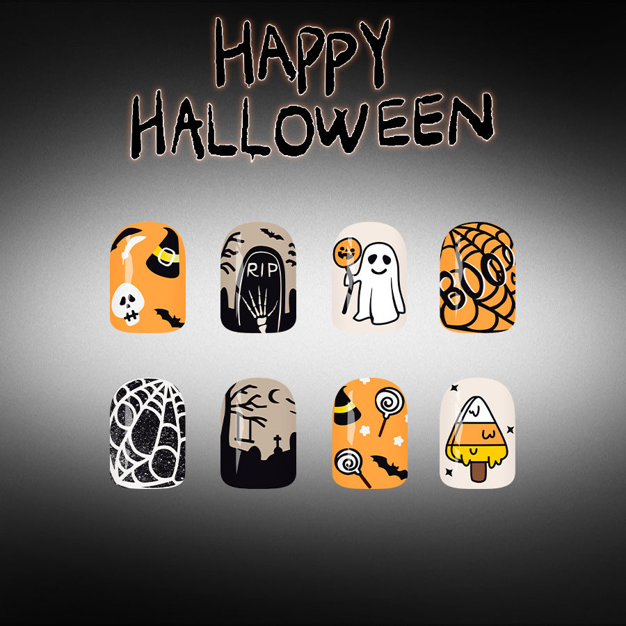 24pcs/Set Short Square Spider Web Ghost Bat Halloween Press On Nails