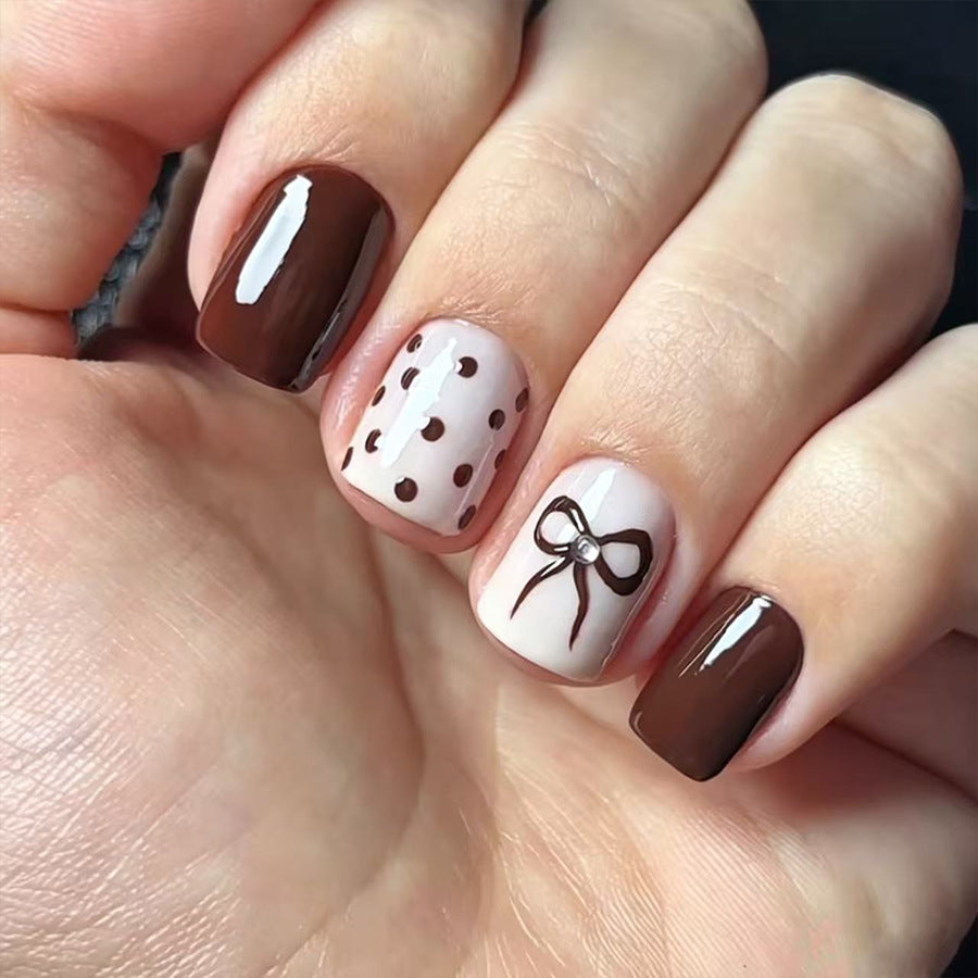 24pcs/Set Short Square Fall Winter Red Polka Dot Bow Press On Nails