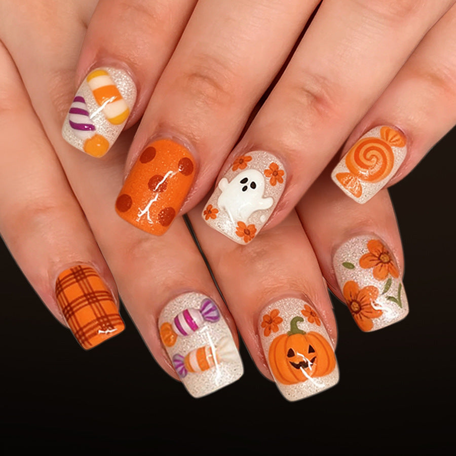 24pcs/Set Short Square Pumpkin Floral Polka Dot Halloween Press On Nails