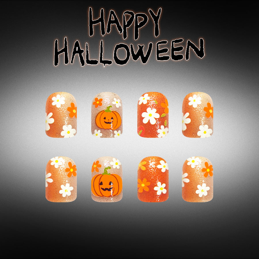 24pcs/Set Short Square Orange Glitter Floral Pumpkin Halloween Press On Nails