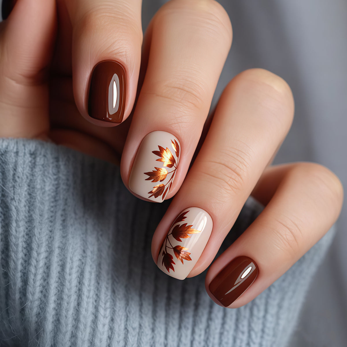 24pcs/Set Short Square Fall Winter Maple Leaf Stripe Press On Nails