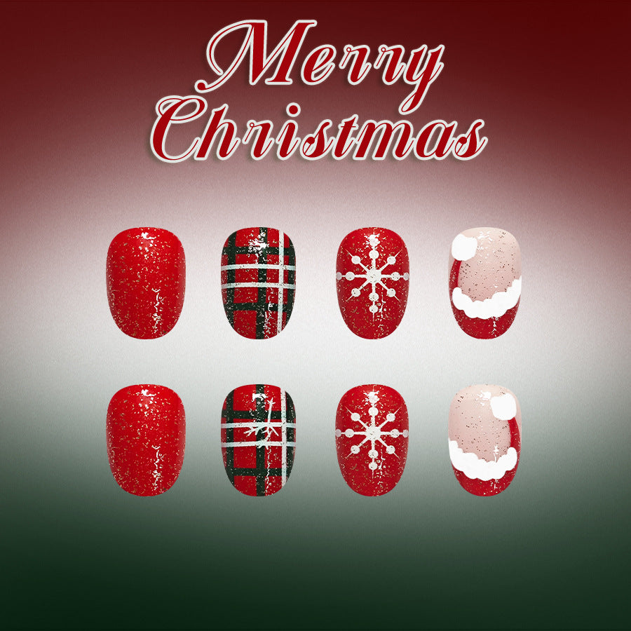 24pcs/Set Short Oval French Christmas Hat Snowflake Press On Nails