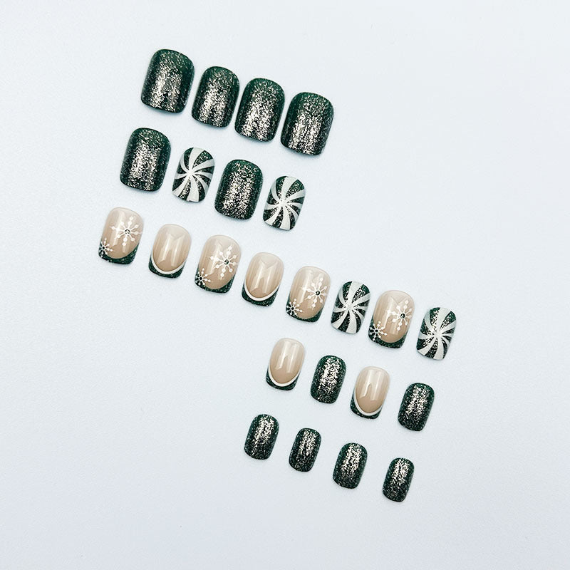 24pcs/Set Green Glitter French Snowflakes Press On Nails