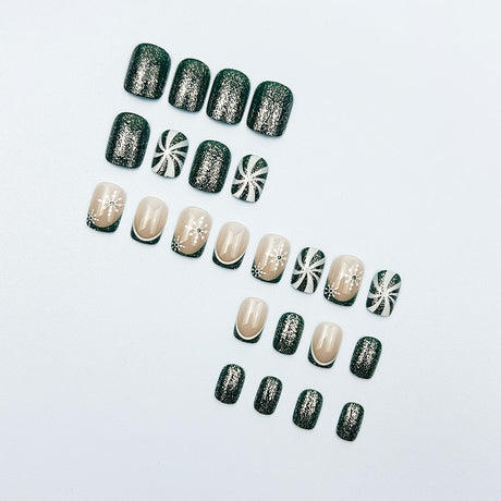 24pcs/Set Green Glitter French Snowflakes Press On Nails