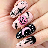 24pcs/Set Halloween Pink Pumpkin Moon Starry Sky Medium Almond Press On Nails