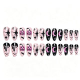 24pcs/Set Halloween Pink Pumpkin Moon Starry Sky Medium Almond Press On Nails