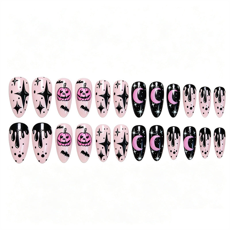 24pcs/Set Halloween Pink Pumpkin Moon Starry Sky Medium Almond Press On Nails