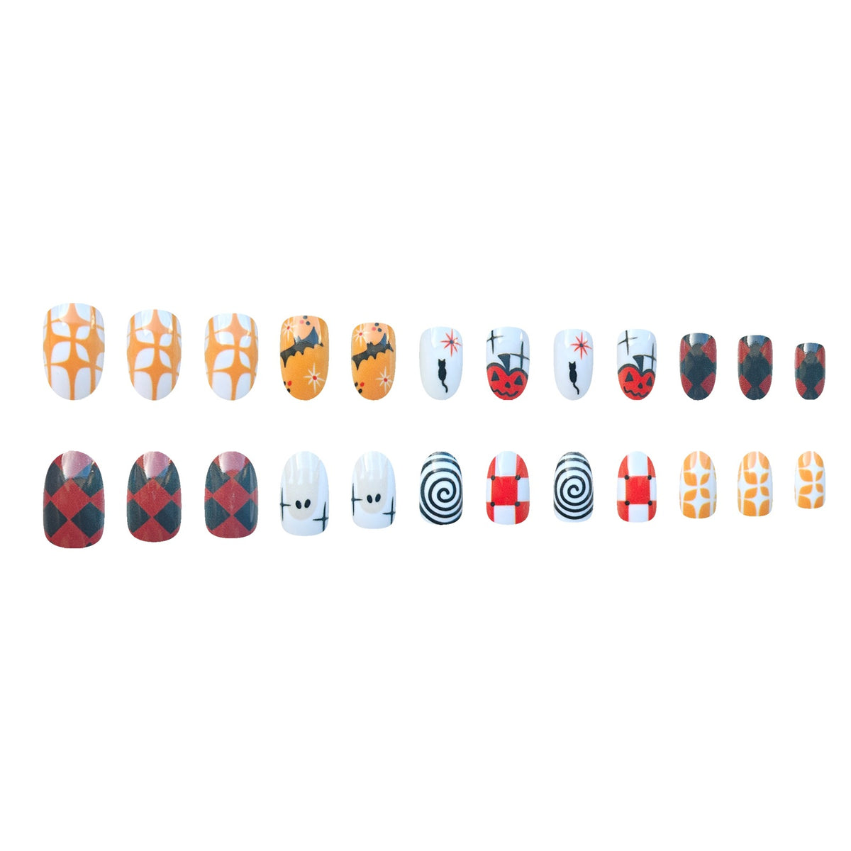 24pcs/Set Halloween Pumpkin Ghost Checkerboard Bat Short Oval Press On Nails