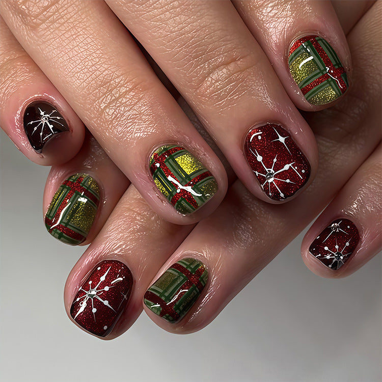 24pcs/Set 3D Christmas Plaid Red-Green Glitter Snowflake Short Square Press On Nails