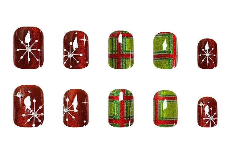 24pcs/Set 3D Christmas Plaid Red-Green Glitter Snowflake Short Square Press On Nails