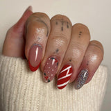 24pcs/Set French Red Candy Cane Striped Christmas Short Almond Press On Nails