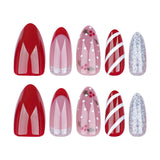 24pcs/Set French Red Candy Cane Striped Christmas Short Almond Press On Nails