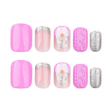 24pcs/Set 3D Christmas Hat Silver Glitter Pattern Short Square Press On Nails