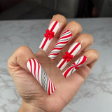 24pcs/Set Christmas Extra Long Red Bow Glitter Press On Nails