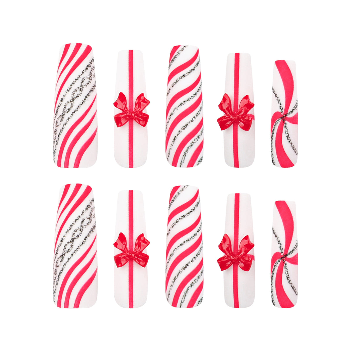 24pcs/Set Christmas Extra Long Red Bow Glitter Press On Nails