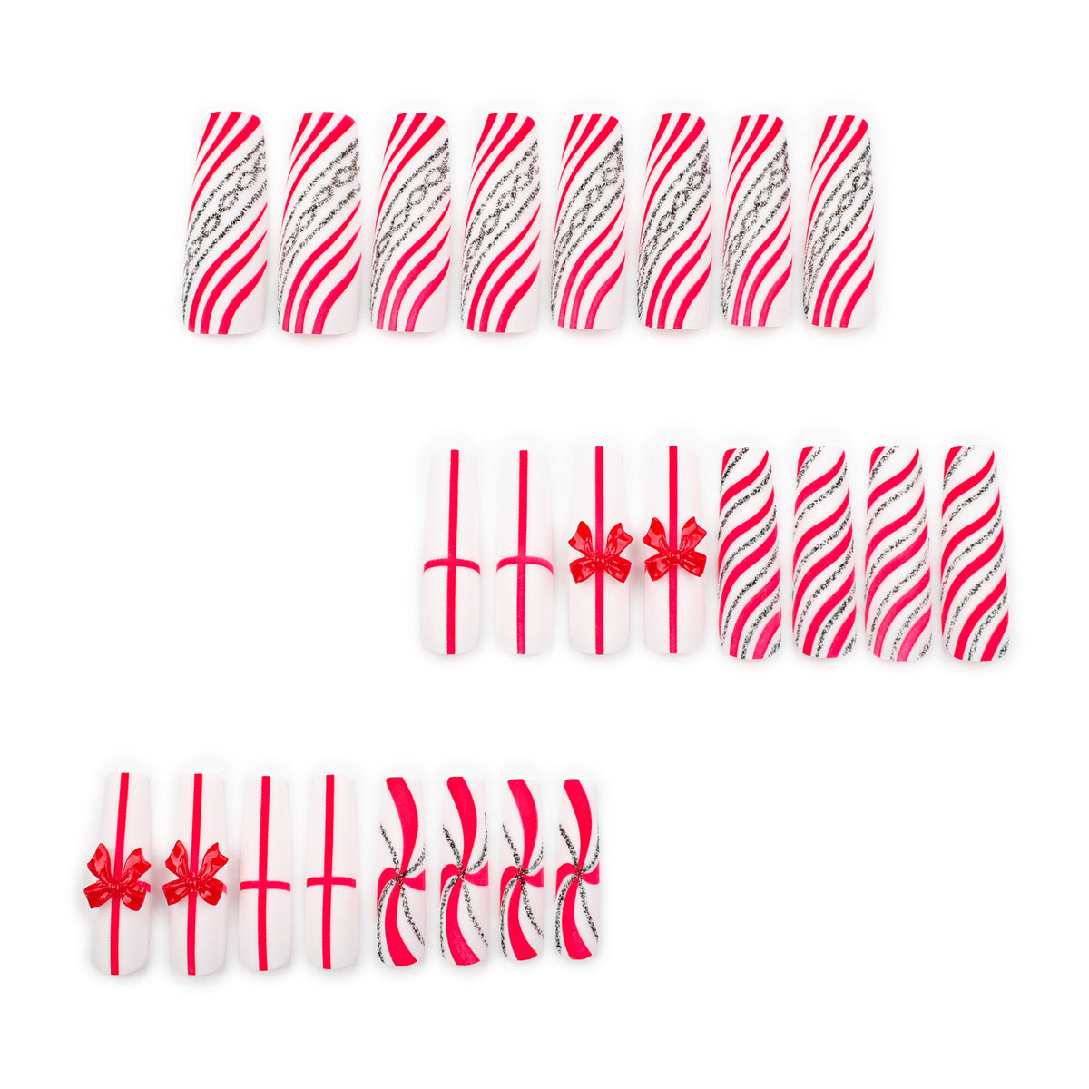 24pcs/Set Christmas Extra Long Red Bow Glitter Press On Nails
