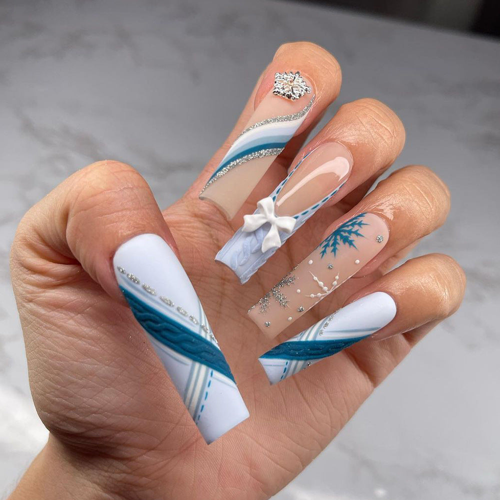 24pcs/Set Snowflake 3D Bow Christmas French Long Square Press On Nails