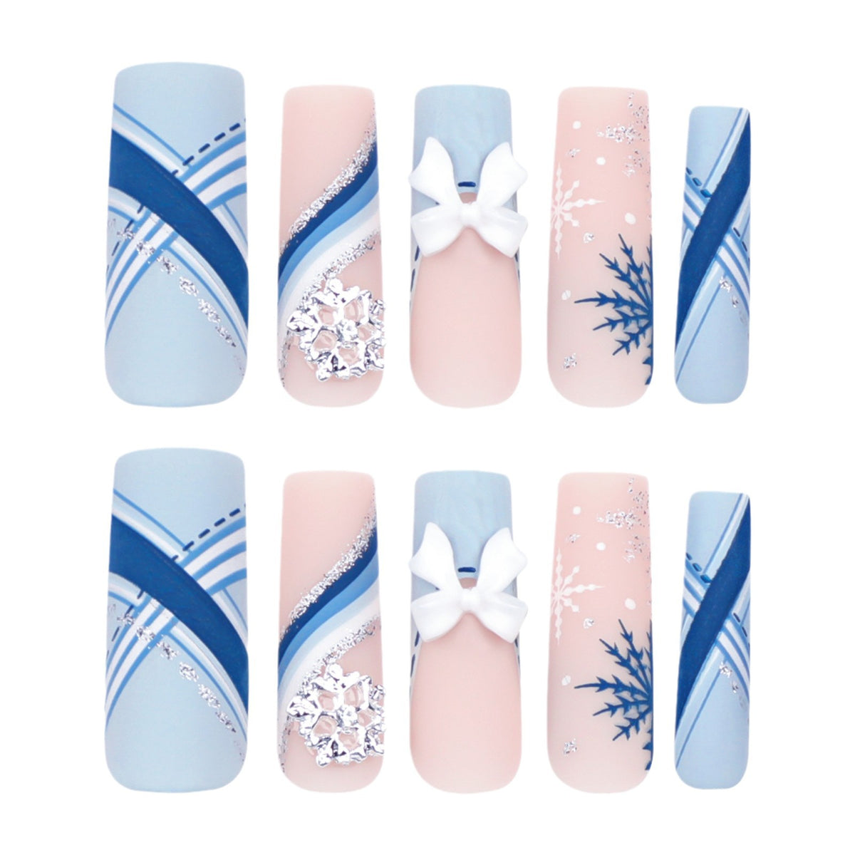 24pcs/Set Snowflake 3D Bow Christmas French Long Square Press On Nails