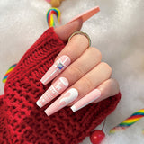 24pcs/Set Reindeer Pink-White Christmas Bow Long Coffin Press On Nails