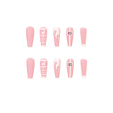 24pcs/Set Reindeer Pink-White Christmas Bow Long Coffin Press On Nails