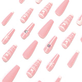 24pcs/Set Reindeer Pink-White Christmas Bow Long Coffin Press On Nails