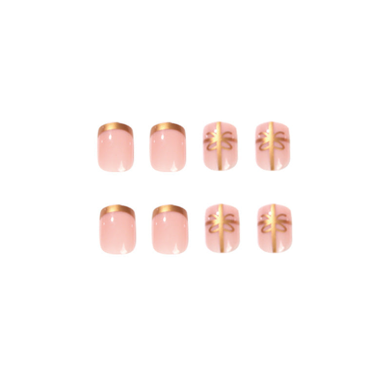 24pcs/Set French Gold Line Bow Short Square Press On Nails